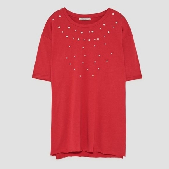 Zara Trafaluc Red Faux Pearl Distressed T-Shirt - Picture 3 of 10